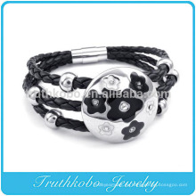 TKB-B5008 Schwarz geflochtenes Lederarmband mit echten Blumen, Antik Messing Charm Lederarmband